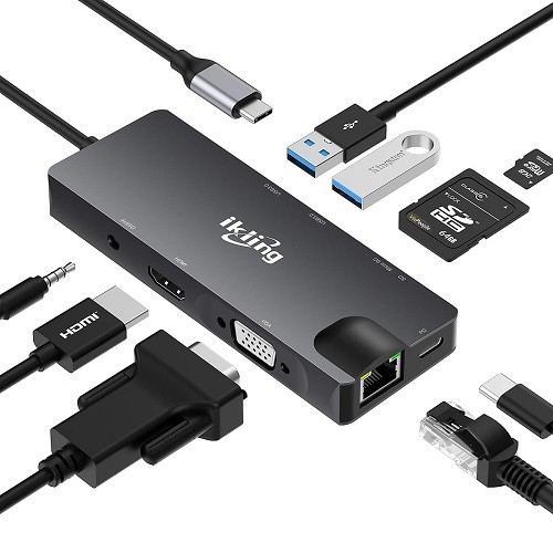 Cổng Chuyển HyperDrive Hub USB Type C 9 Cổng Ikling Ethernet SD Mircro SD VGA UHD HDMI Audio USB3.0 Cho Macbook SamSung - Hàng chính hãng